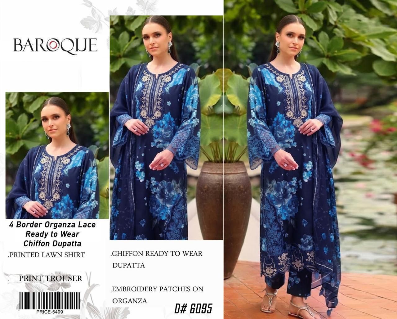 3PC Unstitched Floral Lawn Suit with Chiffon Ready Dupatta & Embroidered Patches