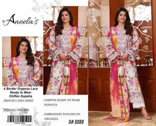 3PC Unstitched Floral Lawn Suit with Chiffon Ready Dupatta & Embroidered Patches