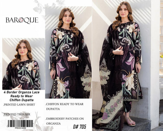 3PC Unstitched Floral Lawn Suit with Chiffon Ready Dupatta & Embroidered Patches